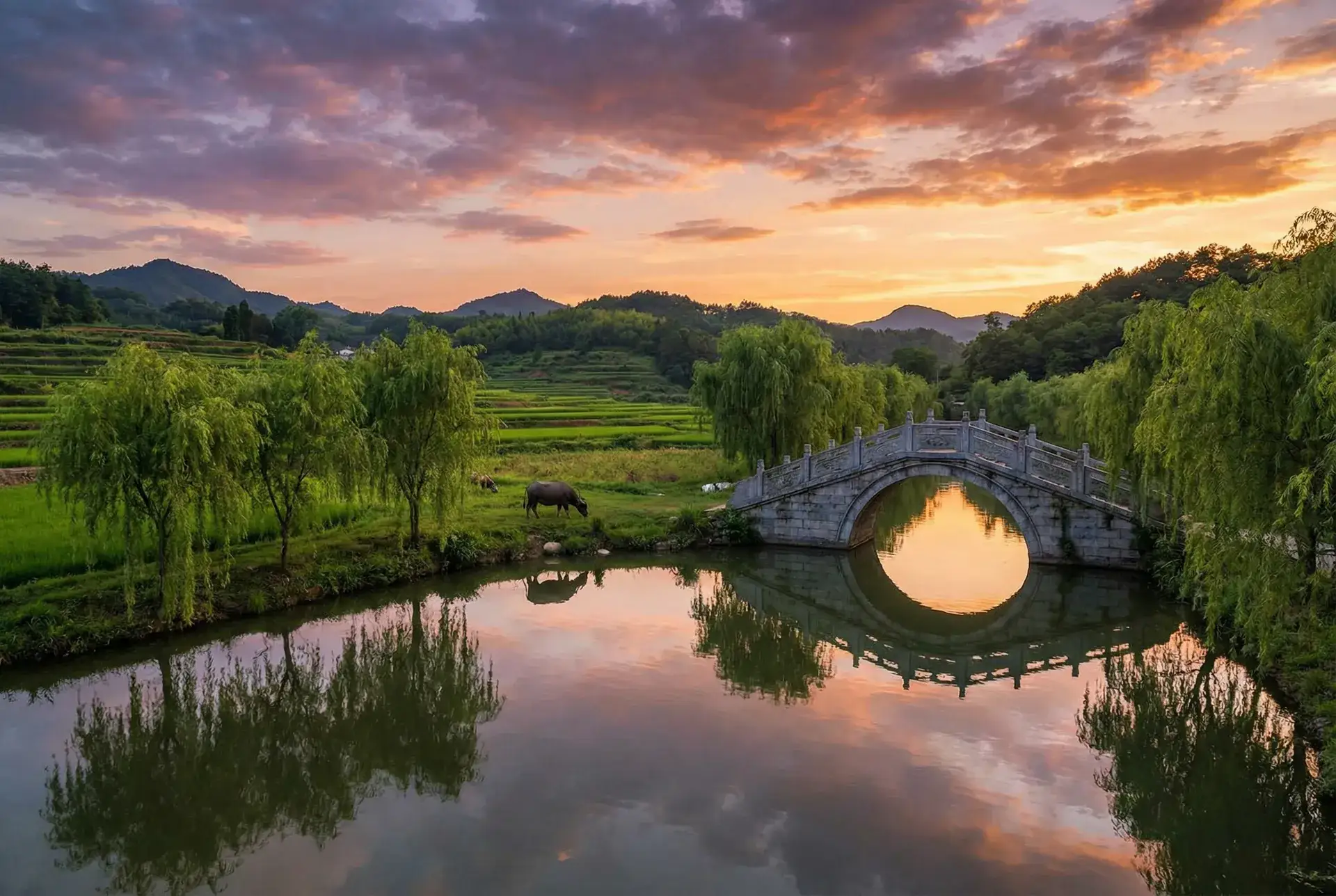 夕阳下的石拱桥与垂柳，水牛在河边吃草 - 名侦探柯南剧场版20纯黑的恶梦 乡村美景